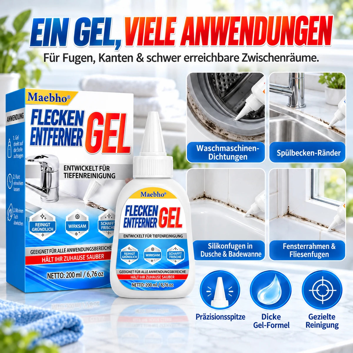 🧼 Maebho Fugenreiniger-Gel 200 ml – Haftstark gegen hartnäckige Flecken in Bad & Küche ✨ Bis zu 33 % Mengenrabatt