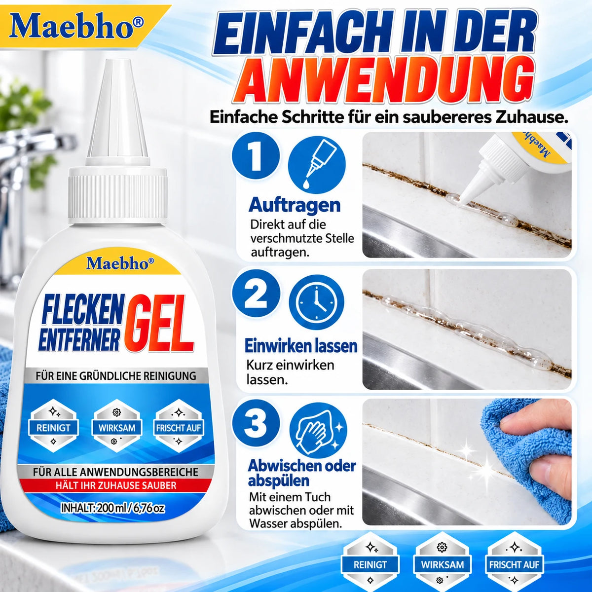 🧼 Maebho Fugenreiniger-Gel 200 ml – Haftstark gegen hartnäckige Flecken in Bad & Küche ✨ Bis zu 33 % Mengenrabatt