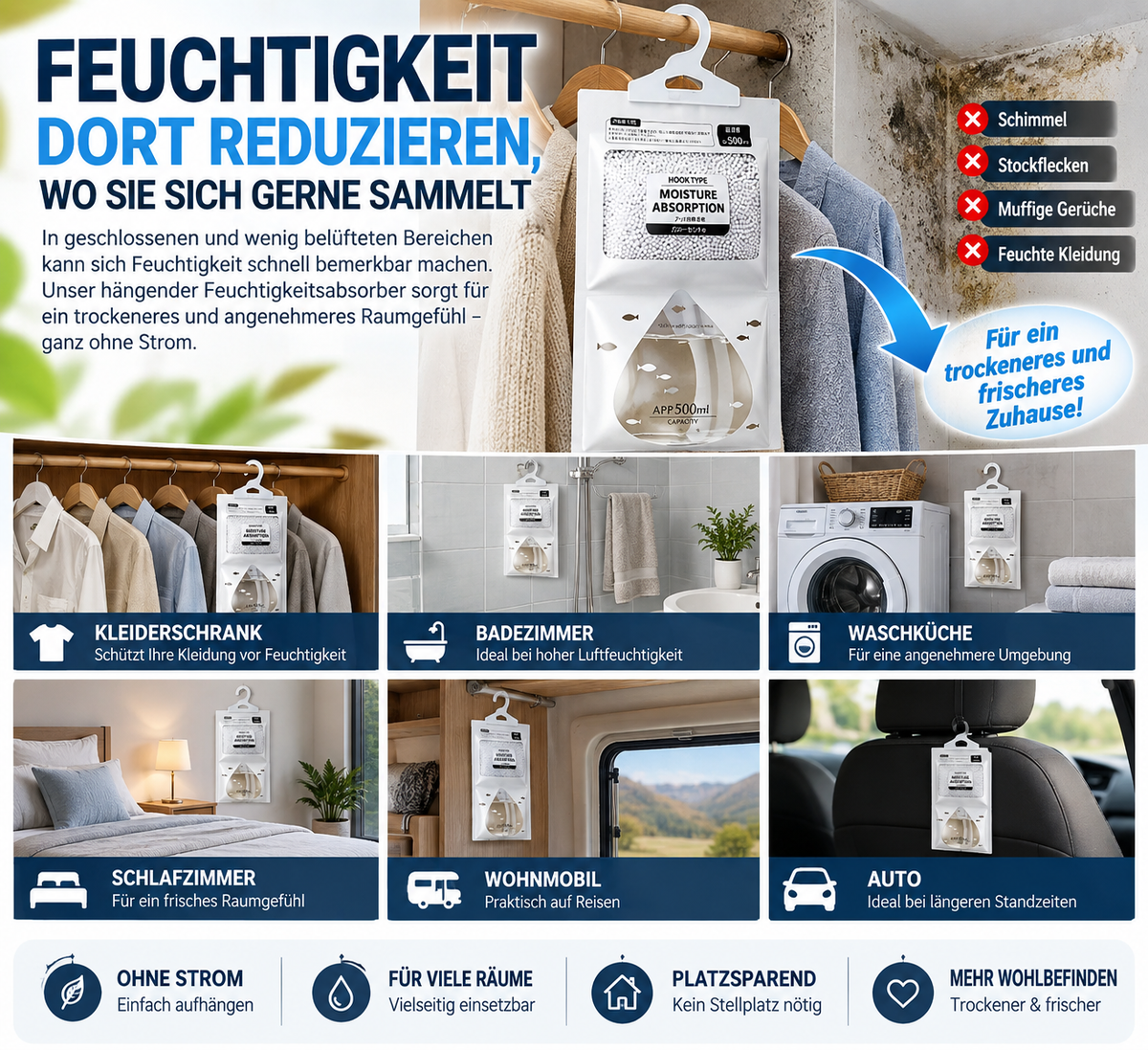 🔥 LETZTER TAG: BIS ZU 52 % RABATT💧 Hängender Luftentfeuchter ohne Strom – Feuchtigkeitsabsorber mit 500 ml Auffangbeutel