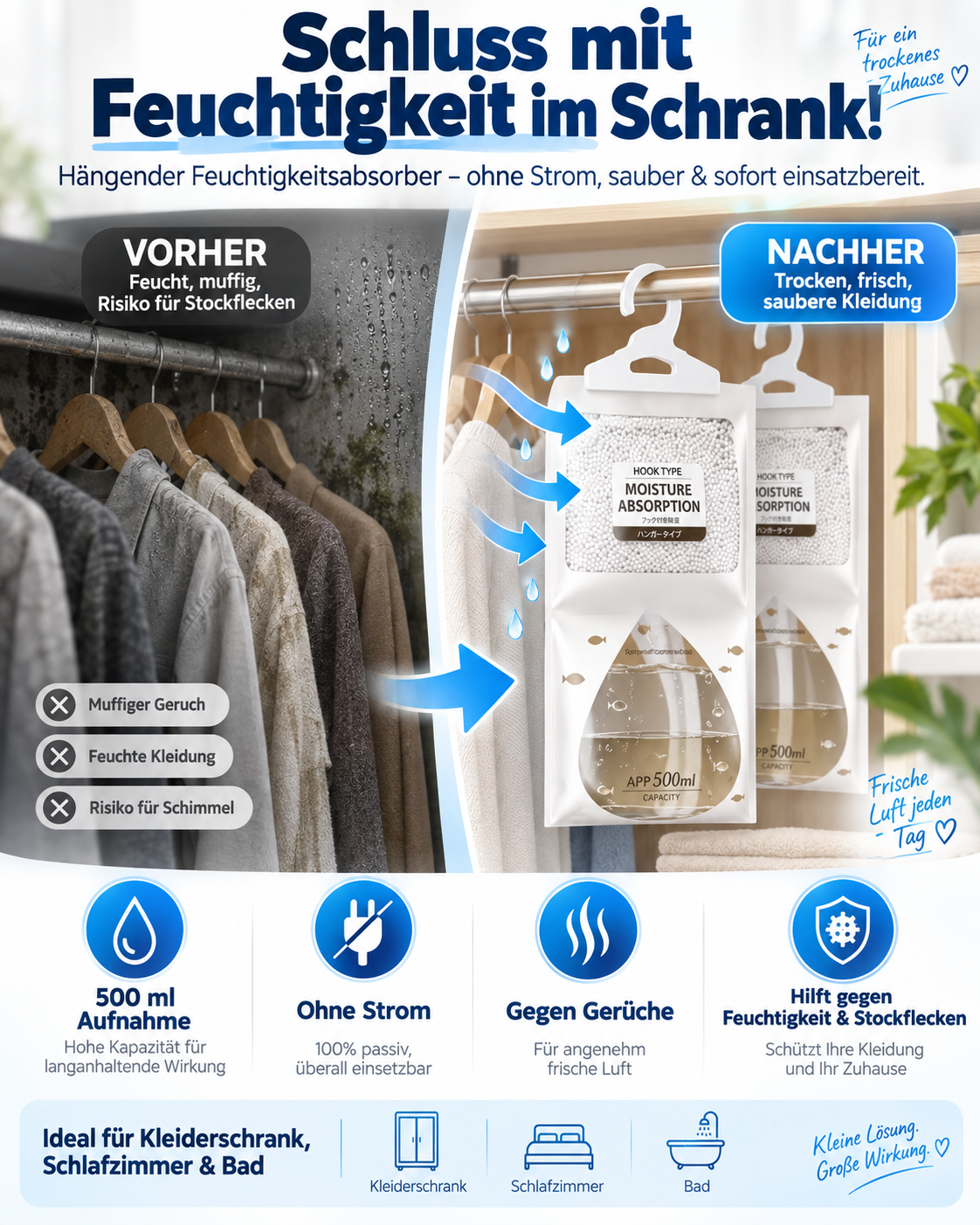 🔥 LETZTER TAG: BIS ZU 52 % RABATT💧 Hängender Luftentfeuchter ohne Strom – Feuchtigkeitsabsorber mit 500 ml Auffangbeutel