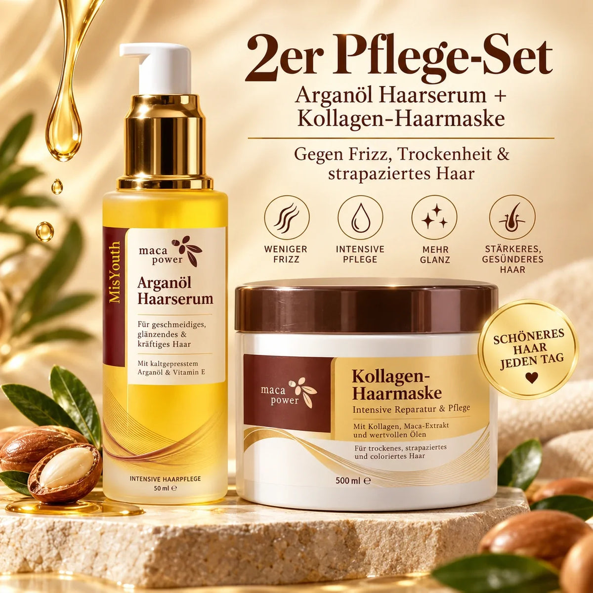 ⏰LETZTER TAG: BIS ZU 70 % RABATT 🔥 2-teiliges Haarpflege-Set mit Arganöl-Haarserum (50 ml) + Kollagen-Haarmaske (500 ml) – Für trockenes Haar, weniger Frizz und mehr Glanz