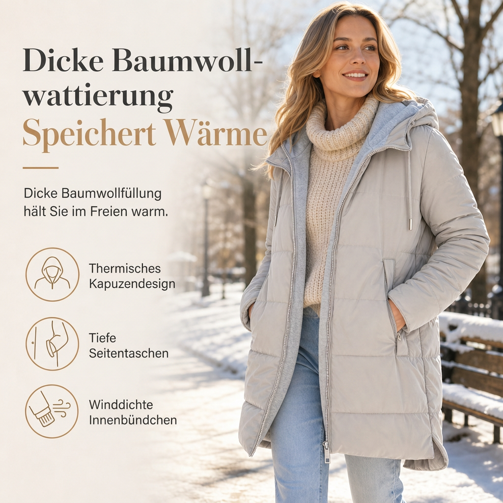 👑🎉50%Rabatt!!!🛍️✨Schmal geschnittener langer gesteppter Kapuzenmantel in einfarbiger Ausführung mit Taschen für den Winter