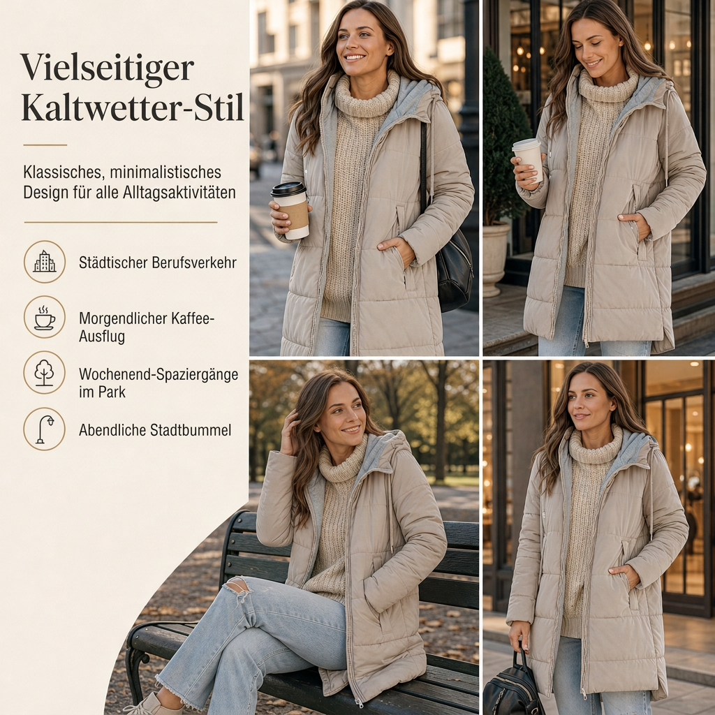 👑🎉50%Rabatt!!!🛍️✨Schmal geschnittener langer gesteppter Kapuzenmantel in einfarbiger Ausführung mit Taschen für den Winter