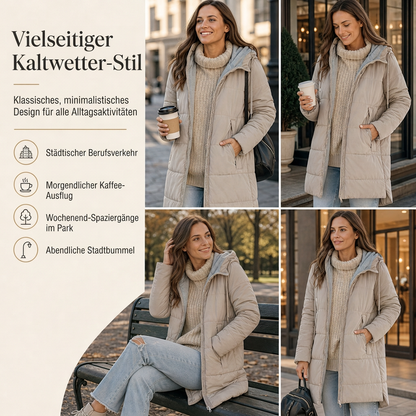 👑🎉50%Rabatt!!!🛍️✨Schmal geschnittener langer gesteppter Kapuzenmantel in einfarbiger Ausführung mit Taschen für den Winter