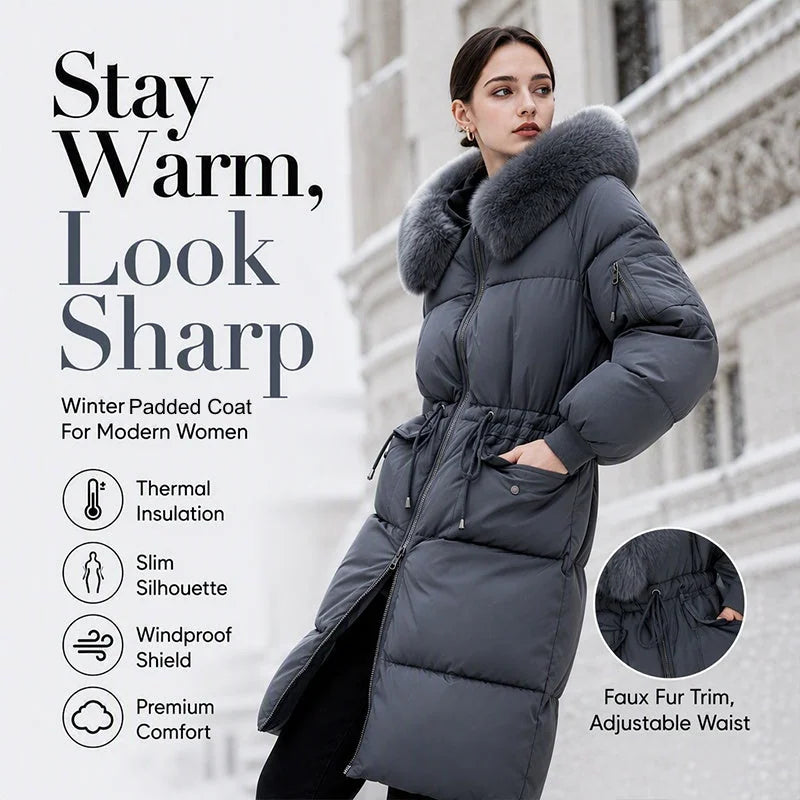 Damen Wintermantel – mittellanger, warm wattierter Steppmantel mit Kapuze – Ansicht 1