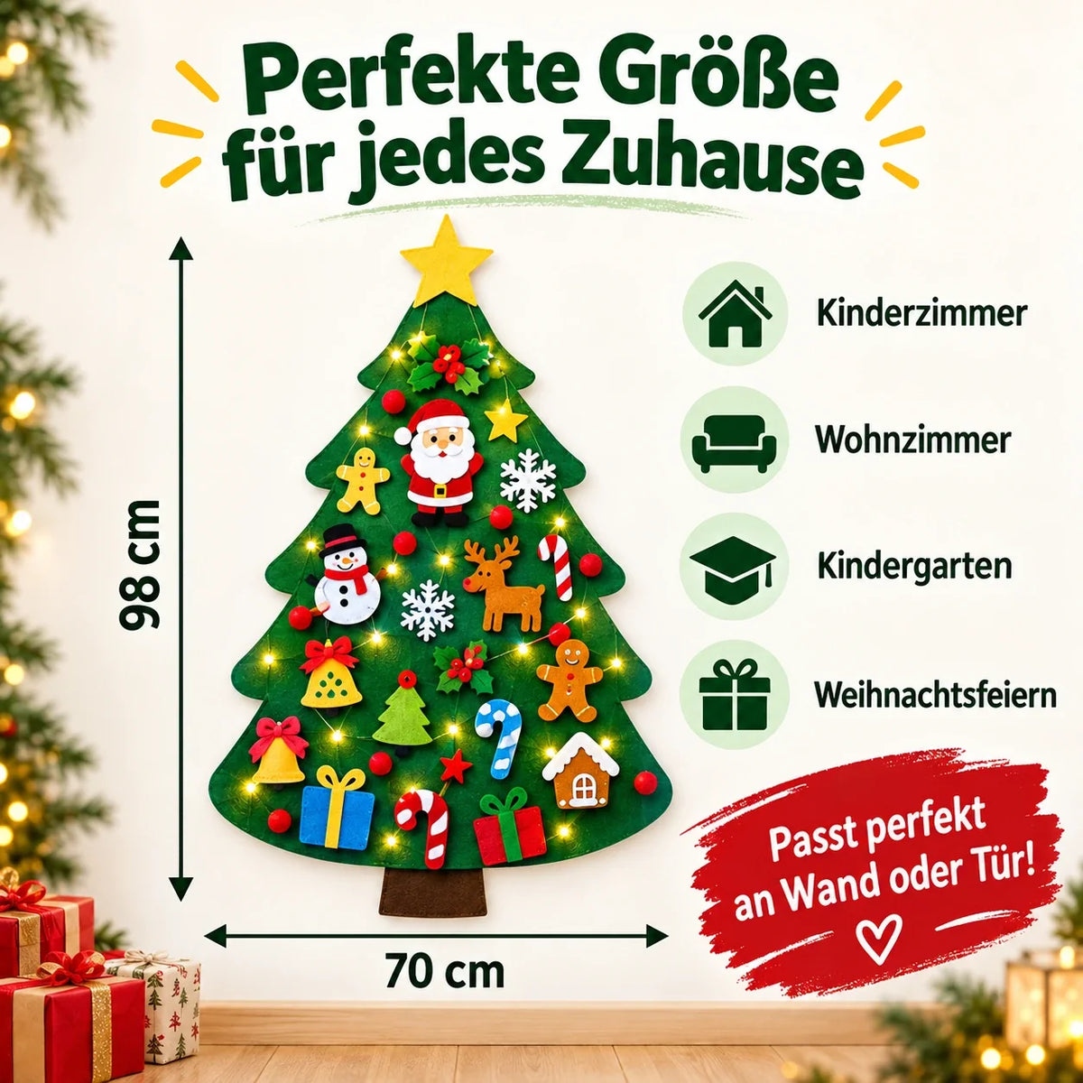 🔥 Heute BIS ZU 58 % RABATT | Filz-Weihnachtsbaum zum Selbstgestalten für Kinder mit LED-Lichtern