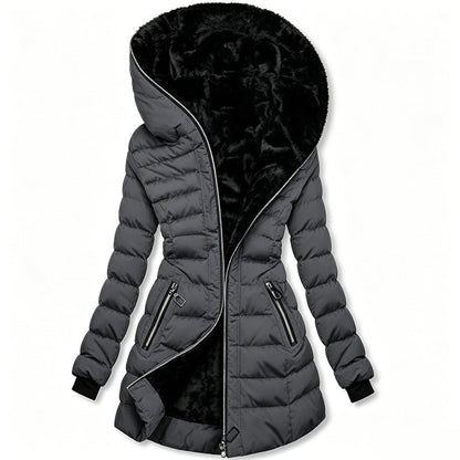 Manteau d’hiver noir pour femme avec doublure douce et capuche