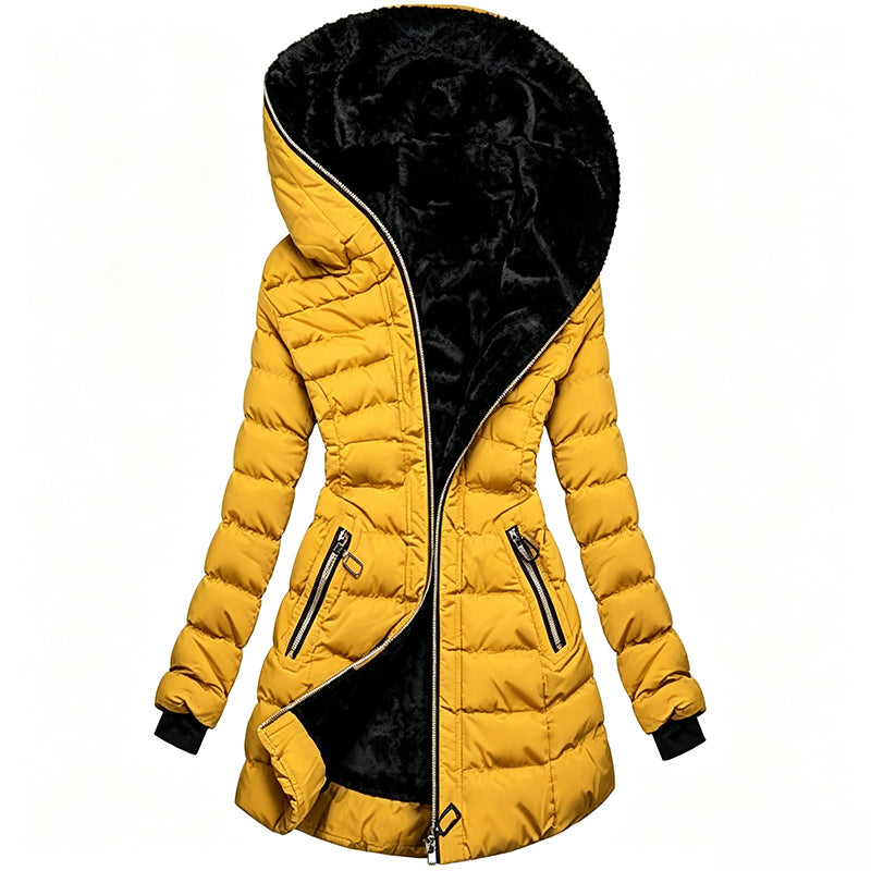 Manteau matelassé jaune pour femme avec capuche doublée