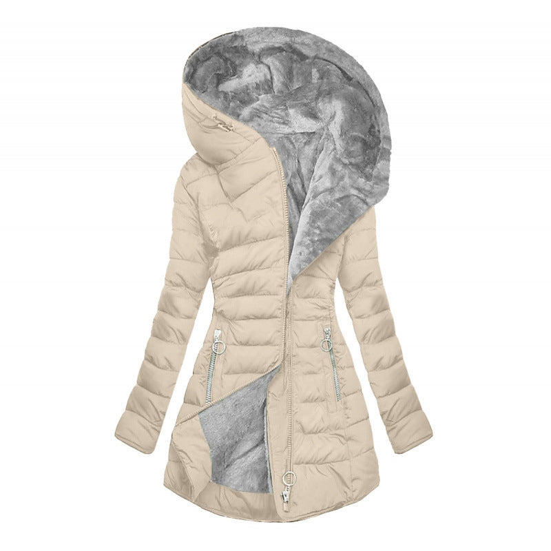 Manteau beige pour femme avec coupe ajustée et capuche