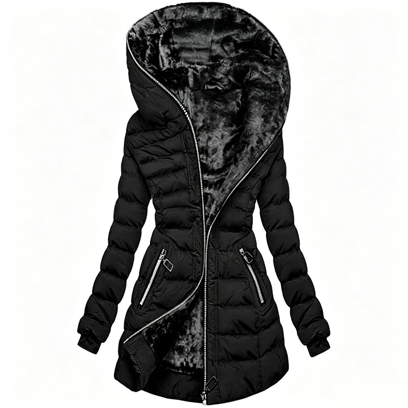 Manteau noir pour femme avec doublure chaude et poches zippées