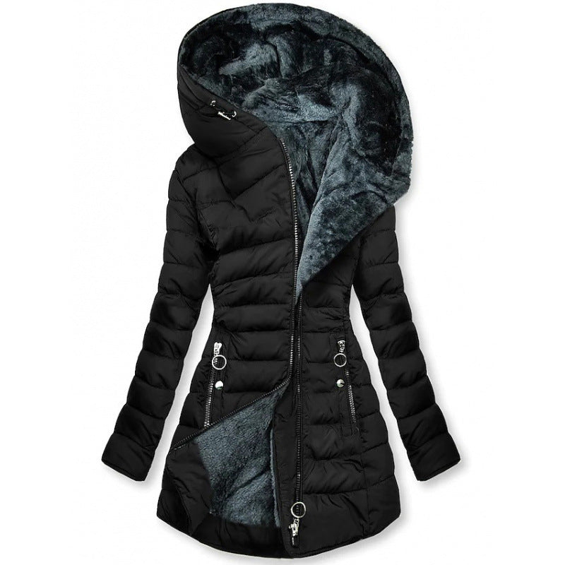 Manteau noir matelassé pour femme avec capuche doublée