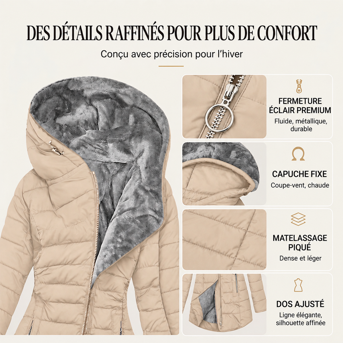 Détails raffinés du manteau matelassé pour femme