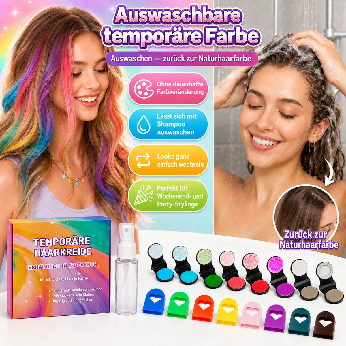 👑🔥 Nur heute: 50 % RABATT 🌈 12-teiliges Set mit temporärer Haarkreide und Applikatoren