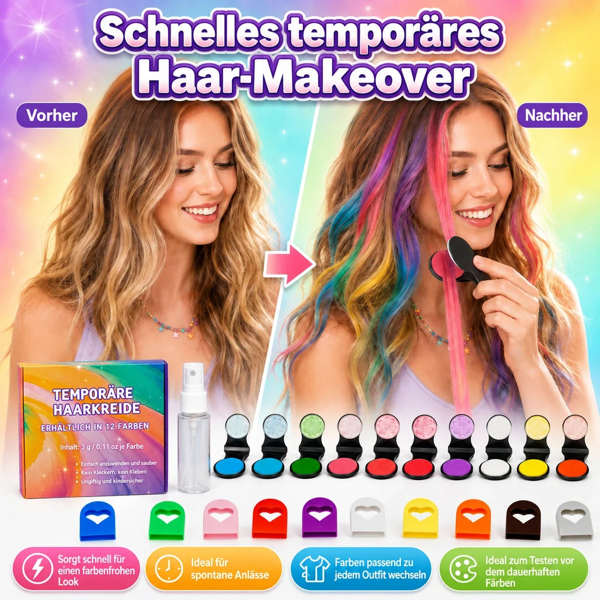 👑🔥 Nur heute: 50 % RABATT 🌈 12-teiliges Set mit temporärer Haarkreide und Applikatoren