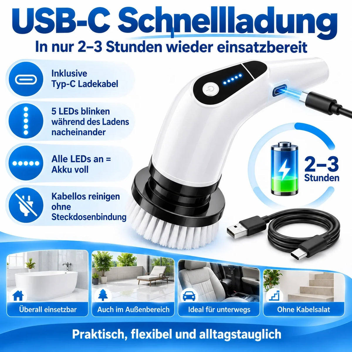 USB-C-Ladeanschluss am elektrischen Reinigungsschrubber