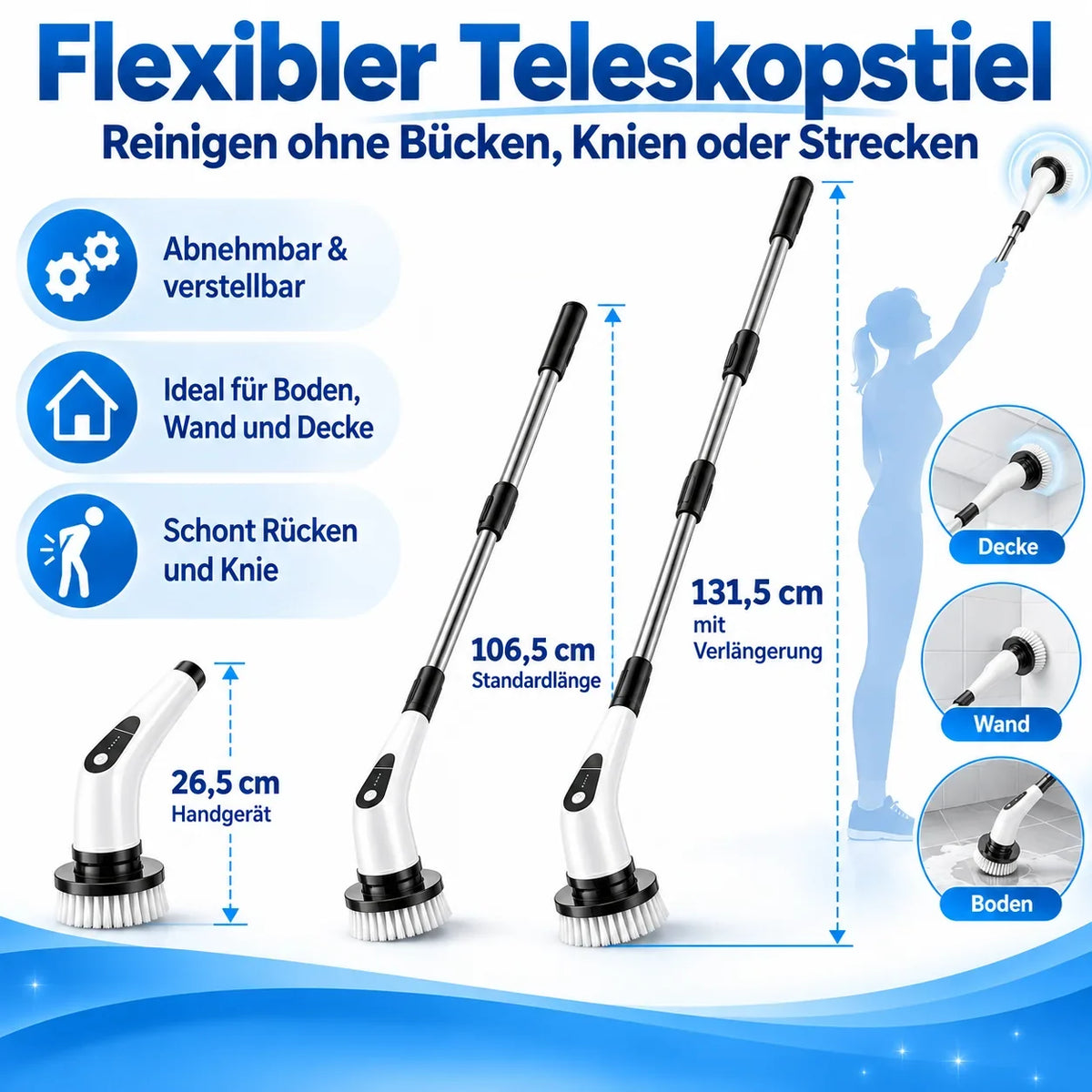 Teleskopstiel: 26,5, 106,5 oder 131,5 cm