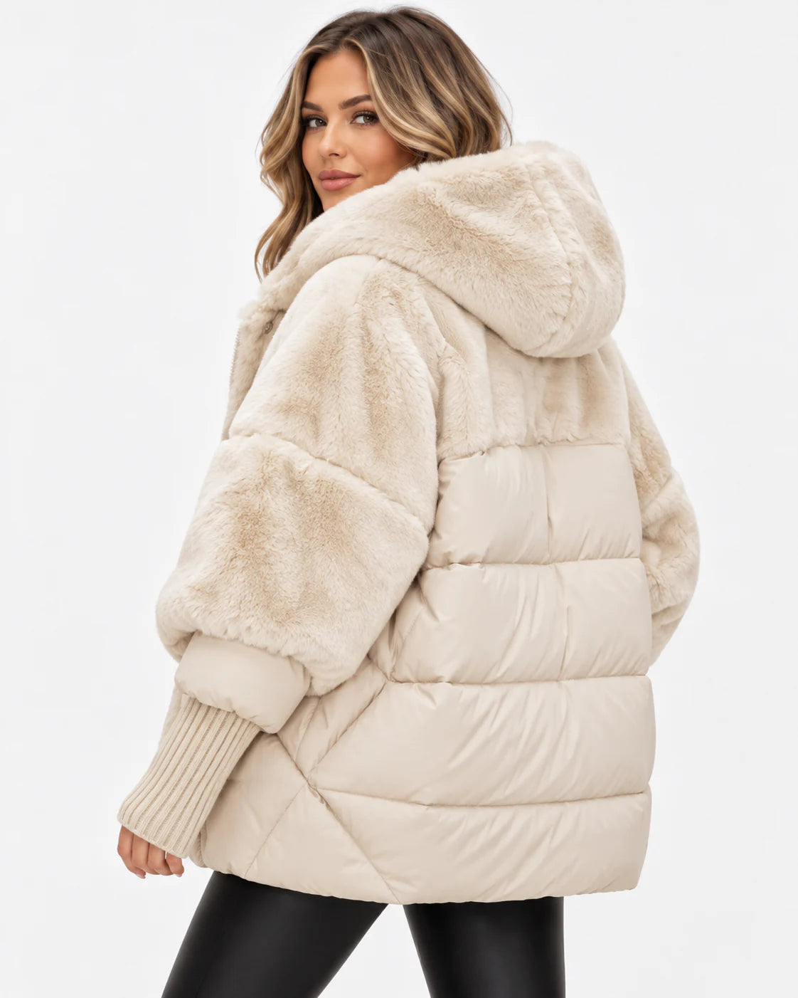 Mercalune Oversized Pufferjacke mit Kapuze – Beige, Rückansicht