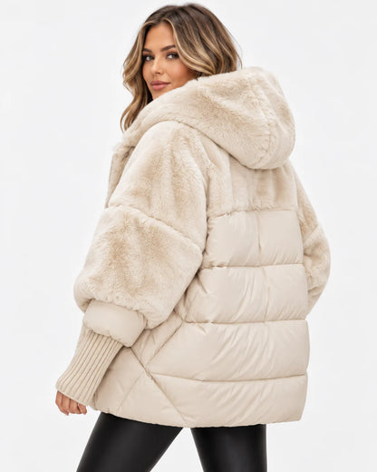 Mercalune Oversized Pufferjacke mit Kapuze – Beige, Rückansicht