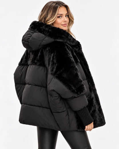 Mercalune Oversized Pufferjacke mit Kapuze – Schwarz, Rückansicht