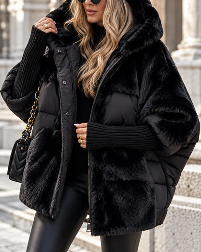 Mercalune Oversized Pufferjacke mit Kapuze – Schwarz, Vorderansicht