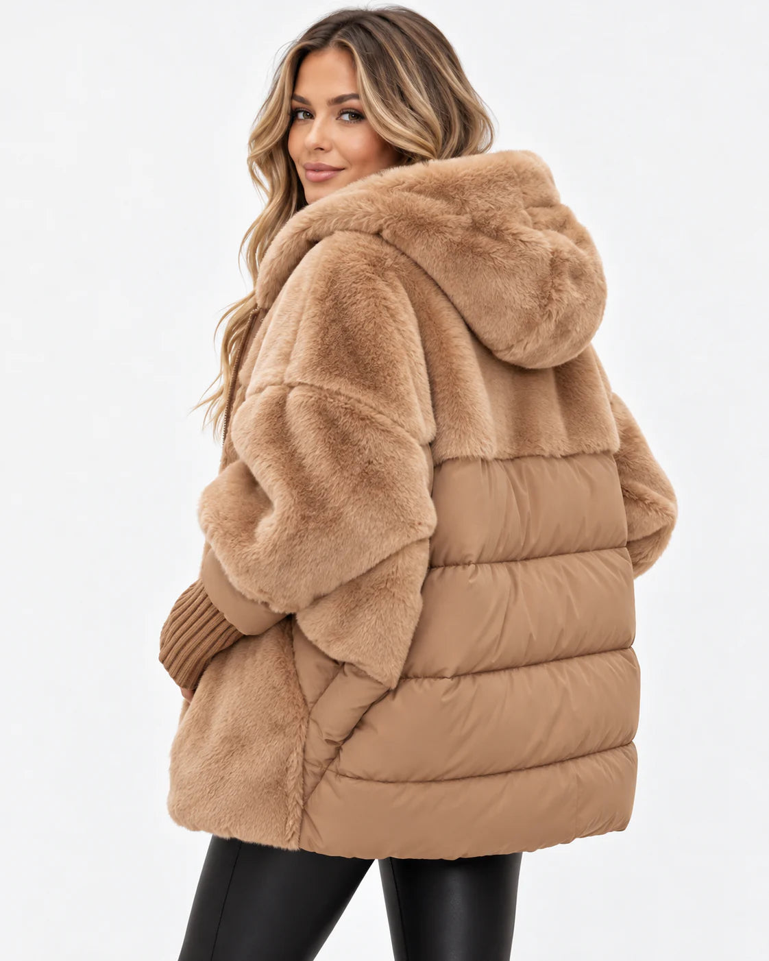 Mercalune Oversized Pufferjacke mit Kapuze – Dunkles Khaki, Rückansicht