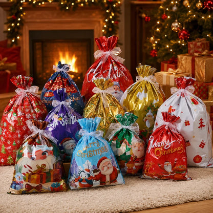 Christmas drawstring gift bag assortment arranged by a fireplace